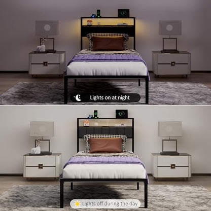 J.Fkne Twin Bed Frames with Charging Station and LED Lights, Twin Size Platform Bed with Metal Slats, Upholstered Headboard with 2-Tier Storage Shelves, No Box Spring Needed, Easy Assembly, Black