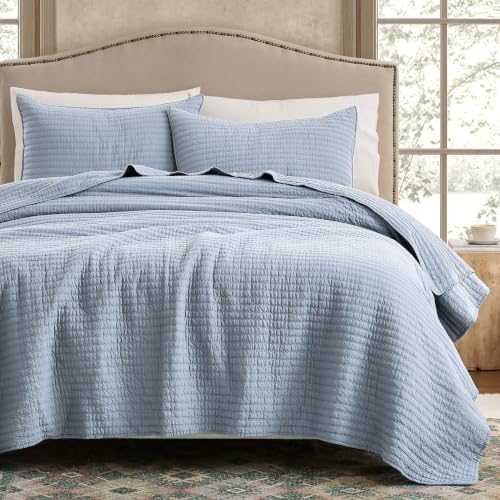 WDCOZY 100% Cotton California King Size Quilt Set, Pick Stitch, Light Blue