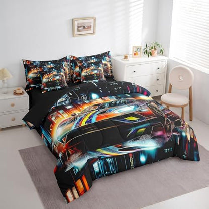 Feelyou Colorful Speed Sports Car Comforter Set with Sheets King Size Kids Race Car 7 Pieces Bedding Set for Boys Girls Teens Modern Racing Car Bed in a Bag Extreme Sports Bed Set Rainy