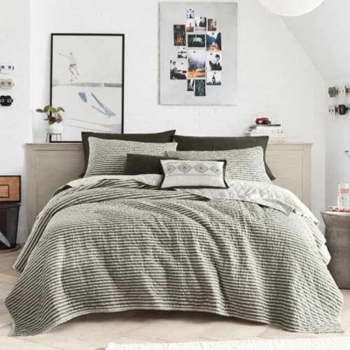 Wonderful - Grey Classic Ticking Stripe Quilt Set King Size, 3-Piece 100% Cotton Face & Fill All-Season Neutral Bedding, Minimalist Farmhouse Reversible Coverlet for Hot Sleepers