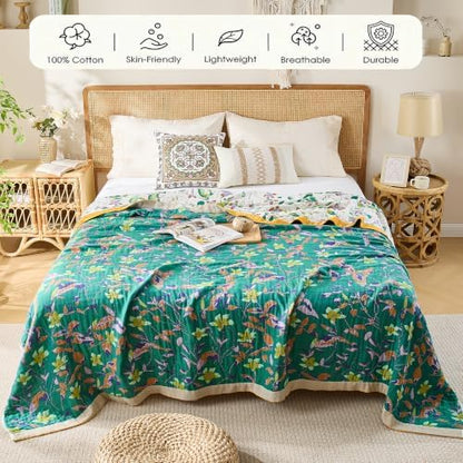 VANJOROY Boho Throw Blanket, 100% Organic Cotton Breathable Skin-Friendly Ultra Soft 80" x 90" Bed Quilt Throw - Floral Rustic Decor Luxury Reversible Blanket for Sofa Couch Chair and Gift,