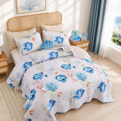 weigelia Coastal Quilt Bedding Set King Size, Nautical Summer Bedspread