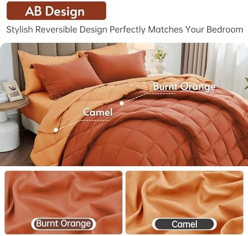 MUXHOMO 7 Pieces Full Comforter Set, Reversible Bed in a Bag Full Size, All Season Bedding Set with Comforter, Flat Sheet, Fitted Sheet, Pillowcases & Shams, Burnt Orange & Camel