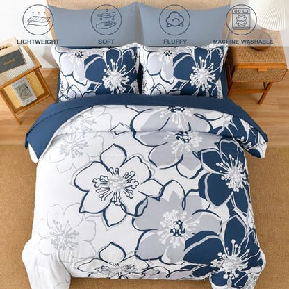 Anibedding Navy Floral Comforter Set Queen Size 7 Piece, Blue Flower Bed in a Bag, Elegant Botanical Floral Comforter Soft Microfiber Complete Bedding Set for All Season, (Navy Blue, 90"x90")