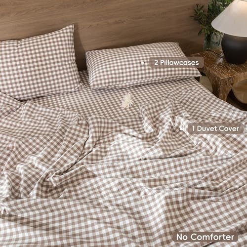 MooMee Gingham Duvet Cover Set 100% Washed Cotton Linen Like