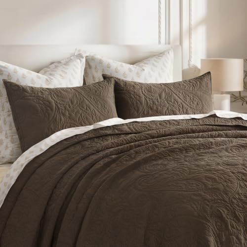 EVERGRACEHOME 100% Cotton Paisley Quilt Set, King Size, Cocoa Brown