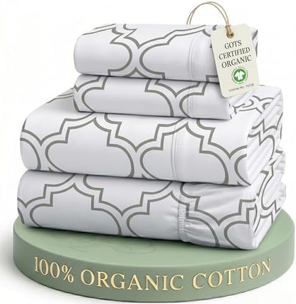LANE LINEN King Sheets 100% Organic Cotton 4pc Percale Cooling - Trellis