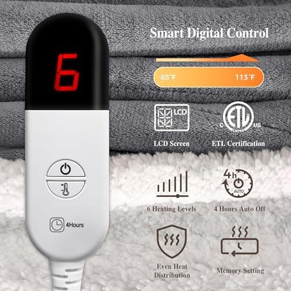 Heated Blanket Twin Size Electric Blanket - Heating Blanket Twin with 6 Heat Levels & 4 Hours Auto-Off, Cozy Soft Fleece Sherpa Blanket, Washable, Fast Heating, 62 x 84 Inches, Grey