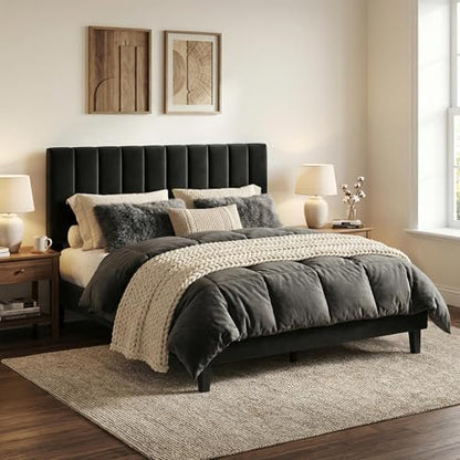Garvee Queen Size Platform Bed Frame with Upholstered Headboard, Black