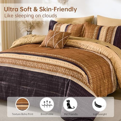 Dintszyayue Boho Queen Comforter Size Set, 8 Pieces Striped Texture Gold Purple Bed in a Bag Sets, Lightweight Soft Bohemian Comforter and Sheet Set, All Season Microfiber Bedding Sets for Men Women
