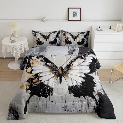 jejeloiu Butterfly Comforter Set King Size Kids Oil Painting Bedding Set for Boys Girls Teens Black White Duvet Breathable Animal Quilt Bedroom Decor,1 Comforter with 2 Pillowcase