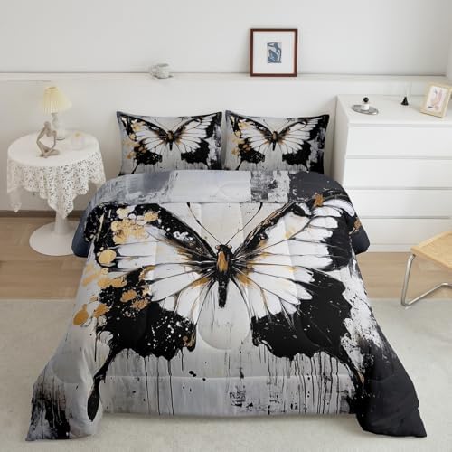 jejeloiu Butterfly Comforter Set Toddler Size Kids Oil Painting Bedding Set for Boys Girls Teens Black White Duvet Breathable Animal Quilt Bedroom Decor,1 Comforter with 1 Pillowcase