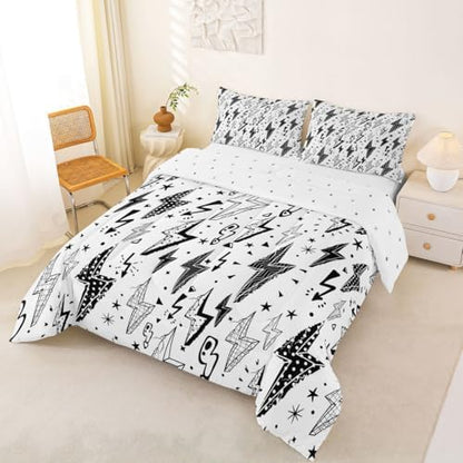 Homewish Gaming Comforter Set Full,Boys Lightning Strike Graffiti Bedding Set for Kids Teens Gamer Room Decor,Cartoon Natural Warning Quilt Set Modern Cool Duvet Insert 3pcs,2 Pillowcases,White