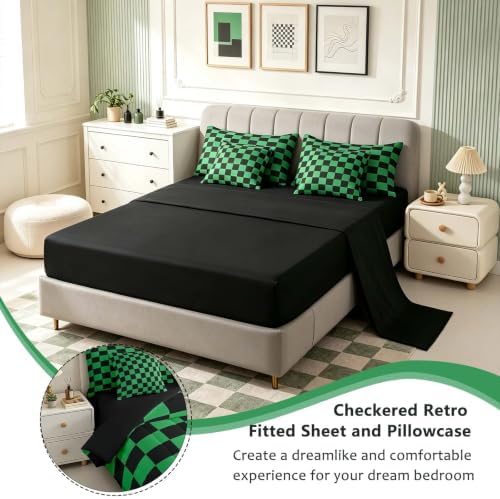 Feelyou Checkered 7 Piece Bedding Set Teen Green Black Plaid Comforter Set with Sheets Queen Size Kids Boys Cute Retro Neutral Checkerboard Geometric Bed in a Bag Vintage Aesthetic Room Decor