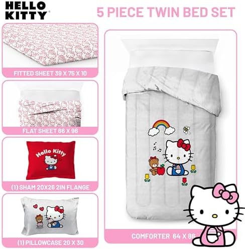 Sanrio Hello Kitty Twin Comforter Set 5 Piece Bedding for Girls, Grey