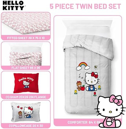 Sanrio Hello Kitty Twin Comforter Set 5 Piece Bedding for Girls, Grey