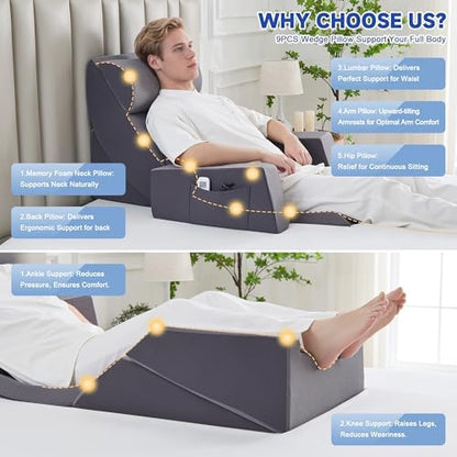 Wedge Pillow for Sleeping - High Density Foam Triangle Pillow for Elevated Sleeping, Post Surgery Support, Bed Wedge Pillow for Headboard, White Grey, 7.5" (Dark Grey, 9PCS.)