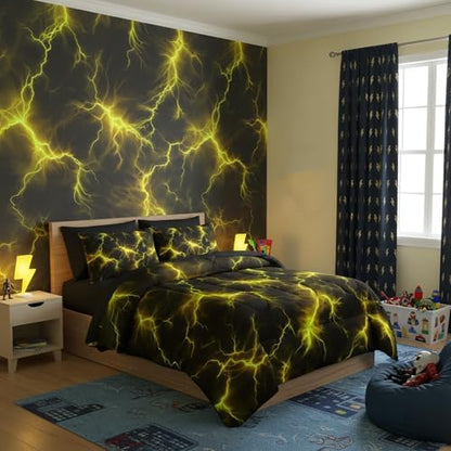 QOOMO Yellow Lightning 7 Pieces Comforter Set Queen,Neon Bedding Set