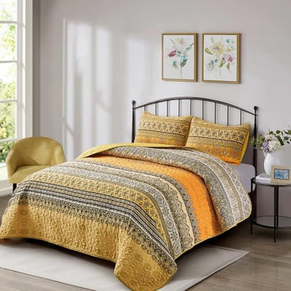 WONGS BEDDING Boho King Quilt Bedding Set, 3 Pieces Bedspread,Yellow Orange
