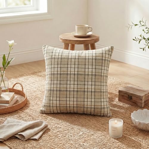 AVOIN colorlife Spring Summer Khaki White Plaid Decorative Throw Pillow Covers, 18 x 18 Inch Holiday Scottish Tartan Cushion Case Farmhouse Decoration for Sofa Couch Set of 2