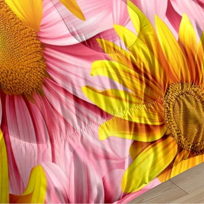 CCoutueChen Sunflower Comforter Set King Size, Pink Yellow Soft Bedding Set with 2 Pillowcases, Great Bedroom Decor/104 * 90