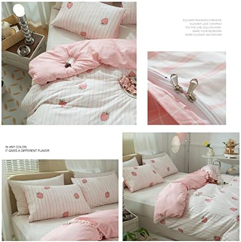 Pink Strawberry Duvet Cover Set Twin Kids Girls Kawaii Bedding Set 100% Cotton Fruit Strawberry Comforter Cover for Teens Children Boys Lovely Cartoon Kids Kawaii Bedroom Collection with 2 Pillowcases