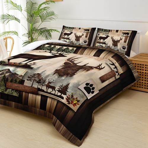 Deer Comforter Set Twin Size，Lodge Quilt Set Twin Size, Rustic Cabin Bedding Set Black Deer，Deer Themed Bedroom Decor with 1 Comforter with 2 Pillow Case