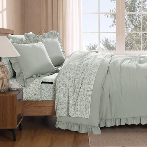 BLOOMHAVEN Full Size Comforter Sets-7 Pieces Ruffle Bedding Floral Sheet