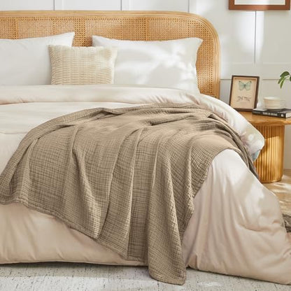 EMME Muslin Blankets for Adults Throw Blanket for Couch Breathable Gauze Soft Lightweight Airy Tan Super King