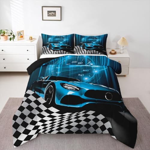 Erosebridal Teal Race Car Comforter Set for Toddler Boys,Glitter Ombre Line Art Bedding Set Neon Light Sports Car Dashboard Quilt Twin,Black and White Grid Lattice Buffalo Plaid Decor