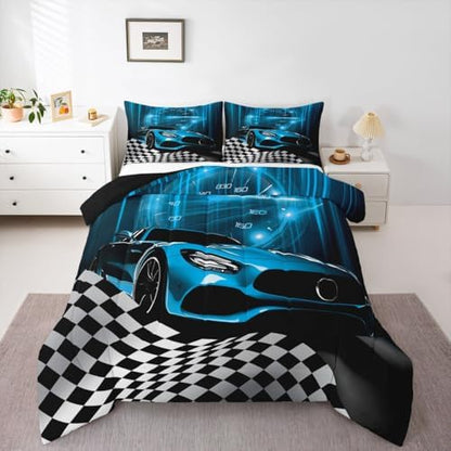 Erosebridal Teal Race Car Comforter Set for Toddler Boys,Glitter Ombre Line Art Bedding Set Neon Light Sports Car Dashboard Quilt Twin,Black and White Grid Lattice Buffalo Plaid Decor