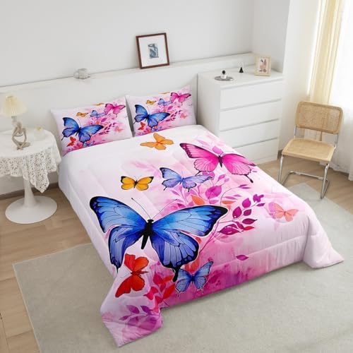 Blue Butterfly Comforter Set King for Girls Pink Tie-Dye Bedding Rustic Garden Theme Bedding Comforter Set Colorful Butterfly Print Duvet Insert Dream Themed Quilt for Boys Teen Kids Flowers Bedding