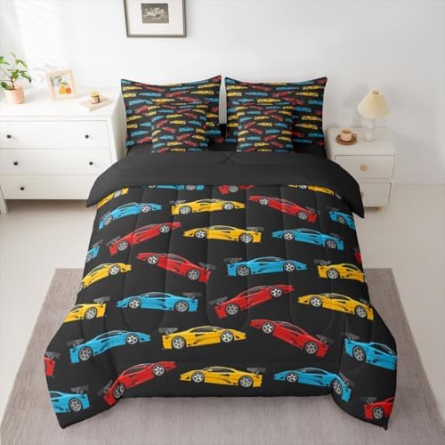 Feelyou Blue Race Car Comforter Set King Size Yellow Speed Sports Car 7 Pcs Bedding for Kids and Adults, Boys Girls Bed in a Bag,Vehicle Bed Sheet Sets with Fitted Sheet Pillowcases