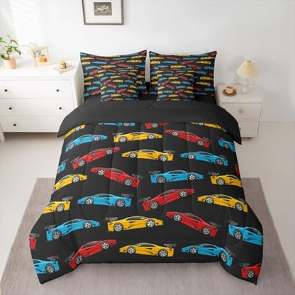 Feelyou Blue Race Car Comforter Set King Size Yellow Speed Sports Car 7 Pcs Bedding for Kids and Adults, Boys Girls Bed in a Bag,Vehicle Bed Sheet Sets with Fitted Sheet Pillowcases