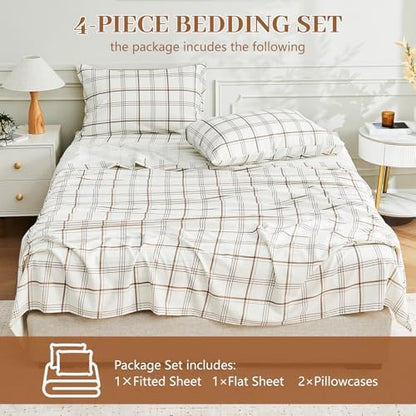 MEISHANG 100% French Pure Linen Sheets Queen Size - Bed Sheets 4 Piece Sets, Soft Durable Flax Linen, Anti-Tear Breathable Moisture Wicking with 16" Deep Pocket (Linen Plaid)