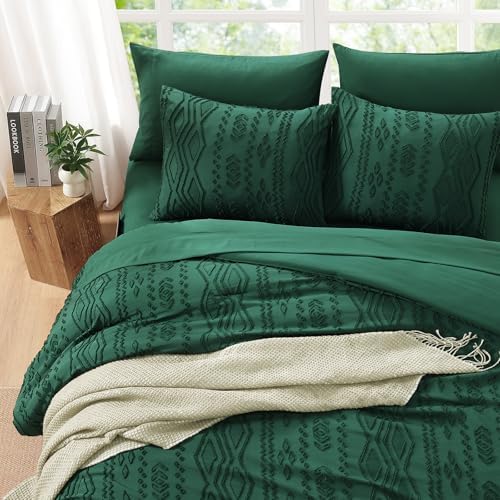 Full Size Comforter Set Emerald Green Tufted Boho Bedding Sets 7 Pieces
