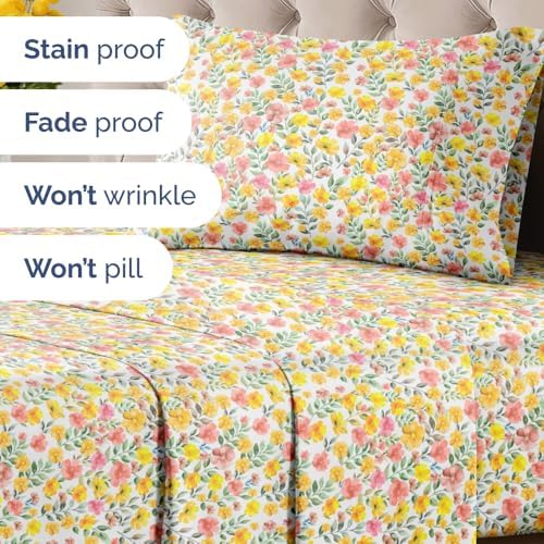 Twin XL 3 Piece Floral Sheet Set - Breathable & Cooling - Sun Kissed Bloom