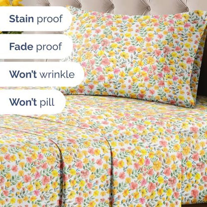 Twin XL 3 Piece Floral Sheet Set - Breathable & Cooling - Sun Kissed Bloom