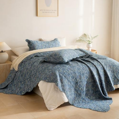 Lady Ann 100% Cotton Quilt Set,Oversized King Bedspread 120x120 for Extra Large Bed, Navy Blue Floral Botanical Pattern Printed Quilted Coverlet, 3 Pcs Vintage& Ultra Soft Bedding Set