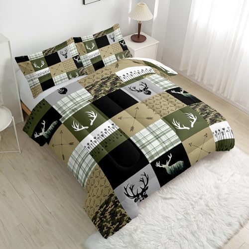 Nttopship Hunting Camo Comforter Sets Queen Size，Bedding Sets for Kids,Arrows and Deers Comforter Sets，Kids Room Decor with 1 Comforter with 2 Pillow Case