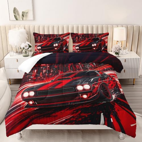 AILONEN Twin Comforter Set 3 Piece, Red Muscle Car Neon City Graphic, Brushed Microfiber Down Alternative Bedding with 2 Pillowcases for Dorm Decor