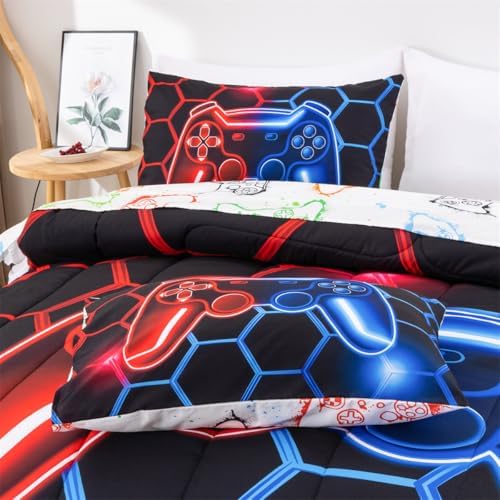 NTBED Game Console Comforter Set for Boys Girls Kids Geometric Lightweight Microfiber Bedding Sets (Red Blue, Full 5Pcs)