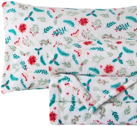 Elegant Comfort Luxuriously Soft 4-Piece Holiday Velvet Plush Flannel Sheet Set - Premium Quality - Cozy Warm, Christmas Fuzzy Velvet Flannel Fleece Deep Pocket Sheet Set - Full, Winter Bloom