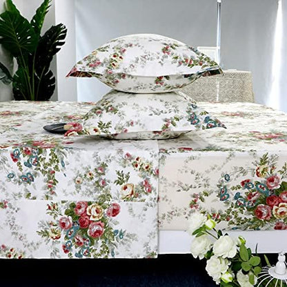 FADFAY Garden Floral Sheet Set Twin Vintage Rose 100% Cotton Hypoallergenic White and Grey Bed Sheets Ultra Soft Girls Princess Romantic Rose Kids Bedroom Deep Pocket Fitted Sheet 4-Pcs