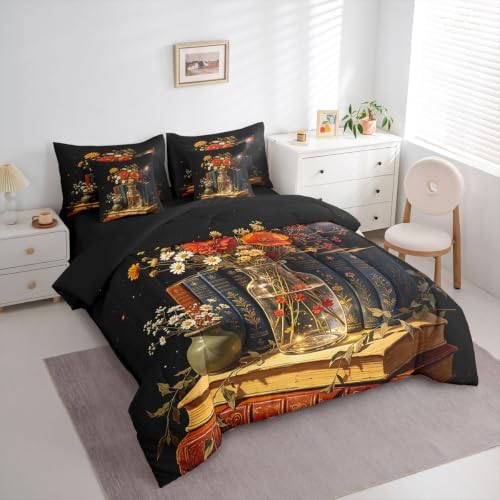Erosebridal Bookshelf 7 Piece Bedding Set Twin Floral Comforter Set with Sheets Vintage Book Bed in a Bag Mysterious Art Bed Sets Comforter