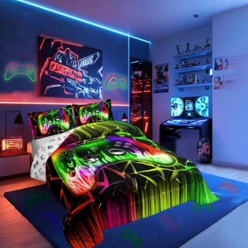 Castle Fairy Video Games Twin Size Comforter Set,Gamepad Duvet Set Soft Bed Collection,Modern 3D Geometric Honeycomb Bedding Comforter for Boys Girls Bedroom,2 Pcs
