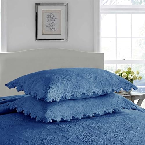 MarCielo 3-Piece 100% Cotton Oversized Bedspread Lightweight Quilt Coverlet Embroidery Farmhouse Bedding Set (Tk Midtone Blue, Oversized King (118"x106"))