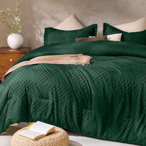 JOLLYVOGUE Emerald Green Queen Comforter Set, Boho Tufted Bedding Set 3-Piece, Ultra Soft Prewashed Microfiber, Includes 1 Comforter & 2 Pillow Shams