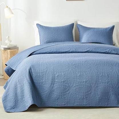 Akkialla King Quilt Bedding Set, Bluish Grey Ultrasonic Quilt Set, Lightweight Soft Bedspread Coverlet, Modern Style Coin Pattern Bed Cover for All Seasons, 3 Piece (1 Quilt, 2 Pillow Shams)