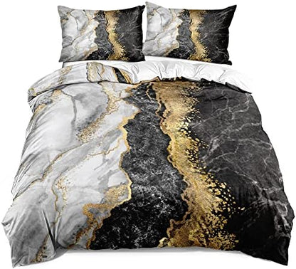 Black Gray and Gold Metallic Marble Duvet Cover Set King Size Foil Print Glitter Bedding Comforter Covers with 2 Pillow Shams Breathable Durable Soft Comfy